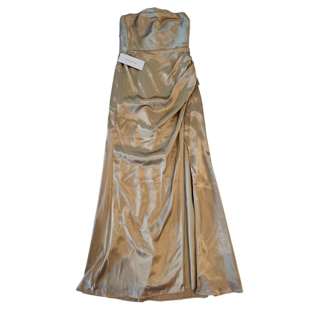 Azazie Leonis Champagne Gold Metallic Satin Mermaid Gown NWT A8 Formal Evening - Picture 2 of 16